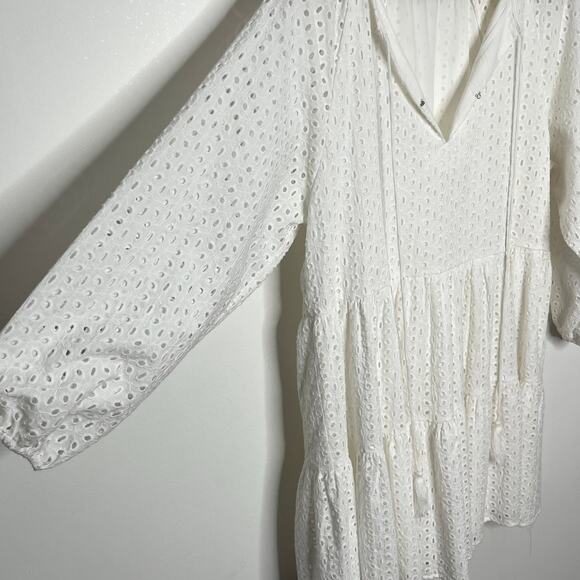 Karina Grimaldi Womens Irina Eyelet Mini Dress XS White Boho Tasseled Tiered - Picture 8 of 11